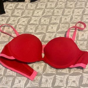 Red bra with pink straps